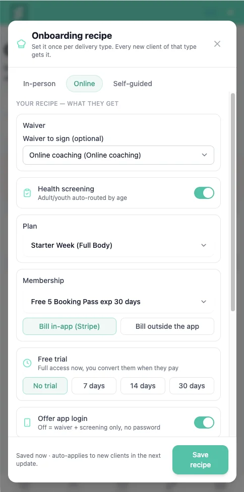 A trainer setting up an onboarding recipe on their phone: waiver, pre-exercise health screening, first plan, membership, and free-trial length, per delivery type