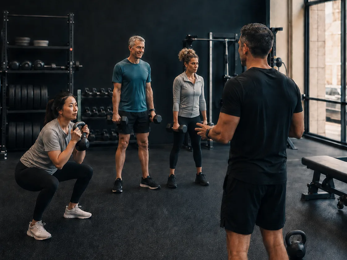 A personal trainer coaching three staff through a kettlebell and dumbbell session, the small-group format a corporate wellness program is judged on