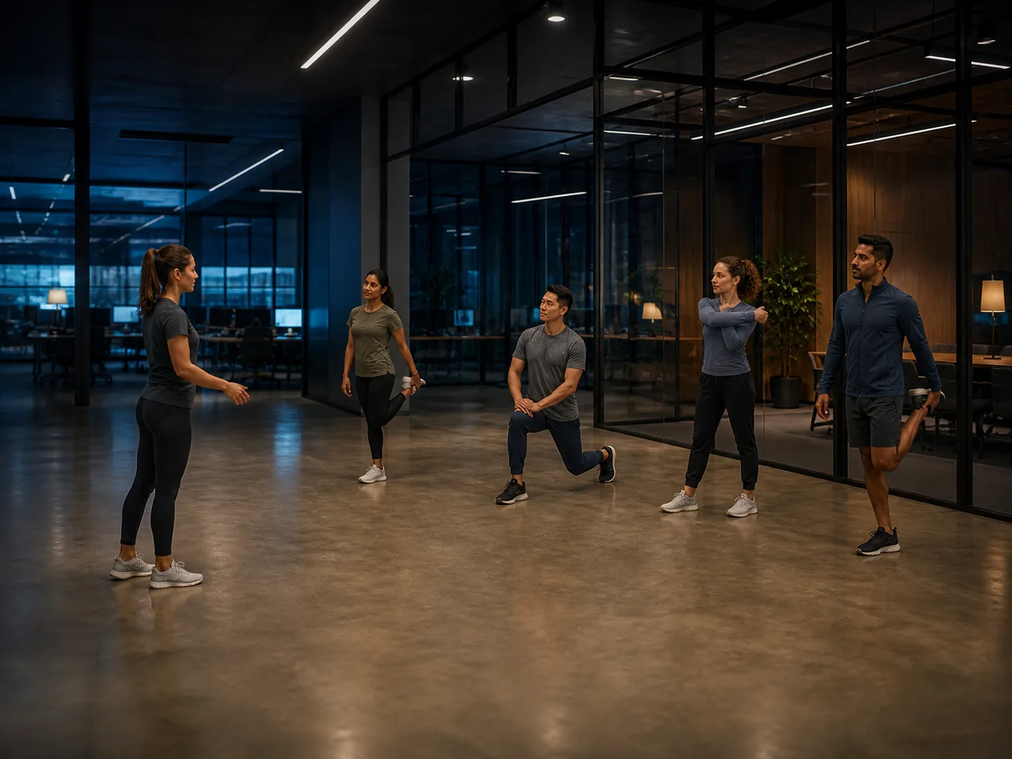 A personal trainer leading a small group of office workers through a stretch session in their workplace after hours