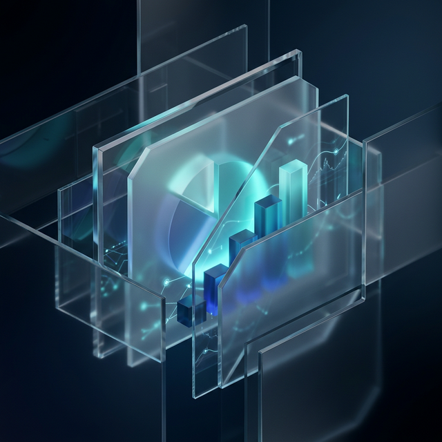 Abstract 3D illustration of financial layers and metrics in sleek corporate glassmorphism style