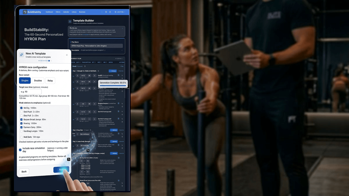 BuildStability AI HYROX plan builder showing race configuration wizard with weak station selection and generated periodised training plan, alongside a personal trainer coaching a HYROX athlete on the sled push