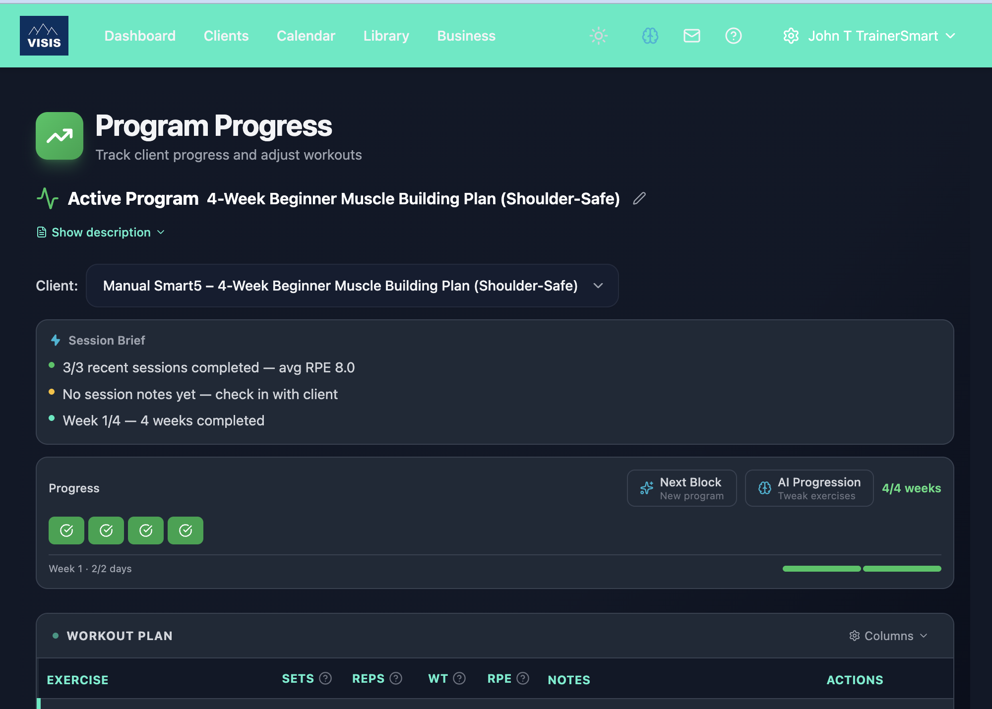 Client details pre-filled in the Continue Program modal