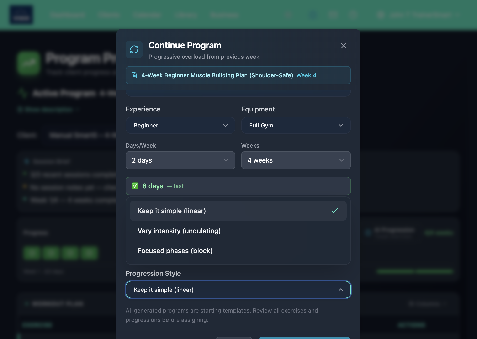 Progression style selector showing Keep it simple, Vary intensity, and Focused training phases