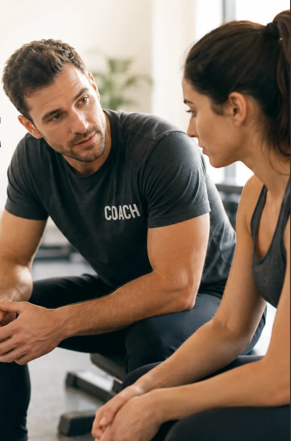 A personal trainer and client in a one-on-one coaching conversation