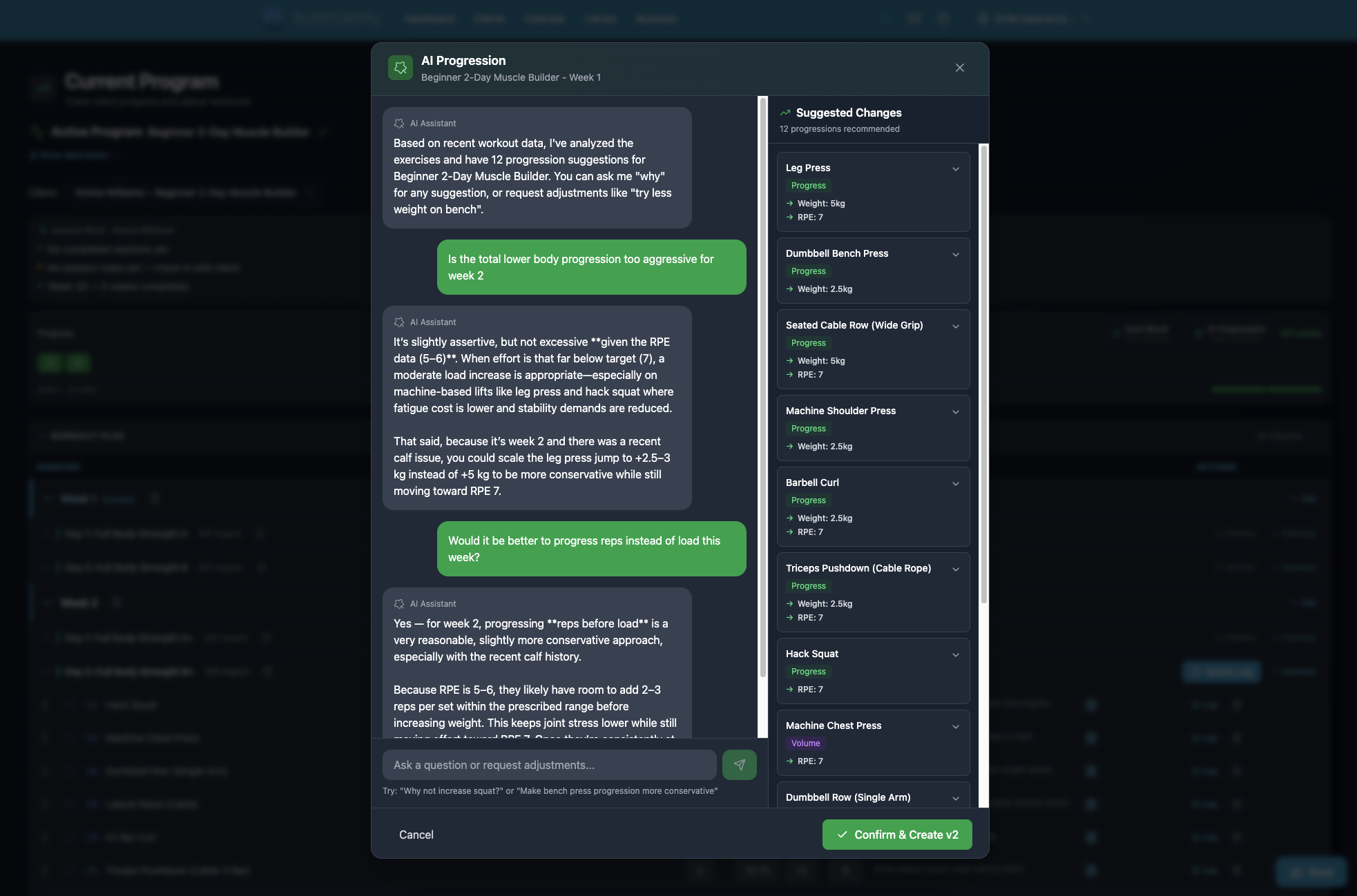 AI Progression on iPad: review and adjust your client's program between sessions using the built-in AI assistant