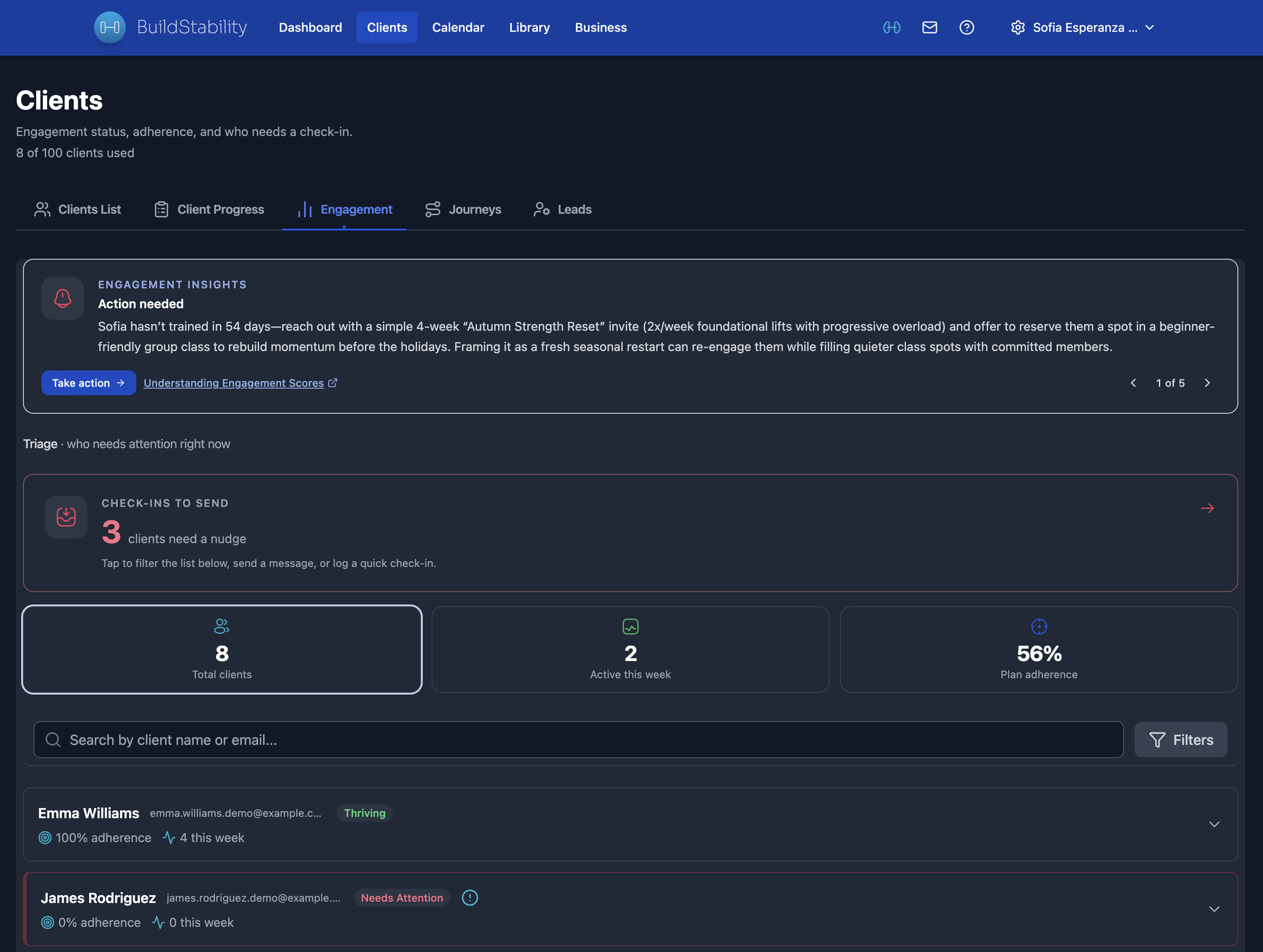 Engagement dashboard showing engagement insights, action-needed alerts, adherence stats, and at-risk client list
