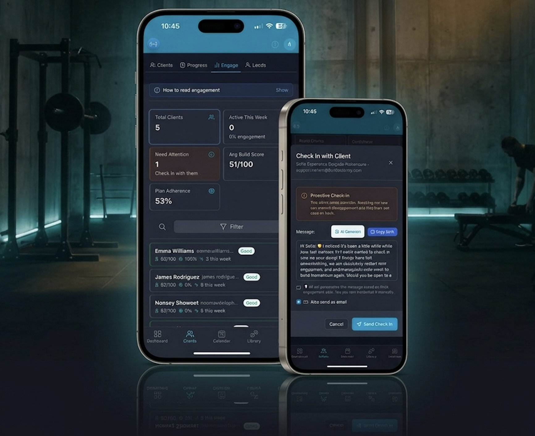 Engagement score dashboard showing at-risk client alerts