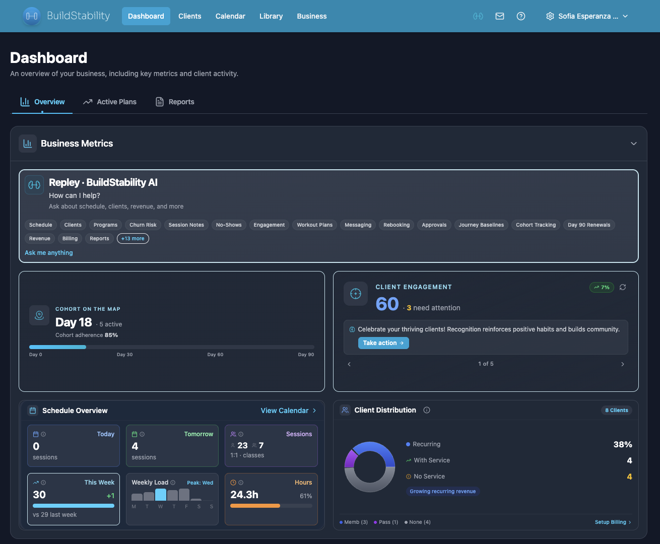 BuildStability dashboard showing Repley AI assistant, business metrics, schedule, client engagement, and 90-day journey cohort all in one view
