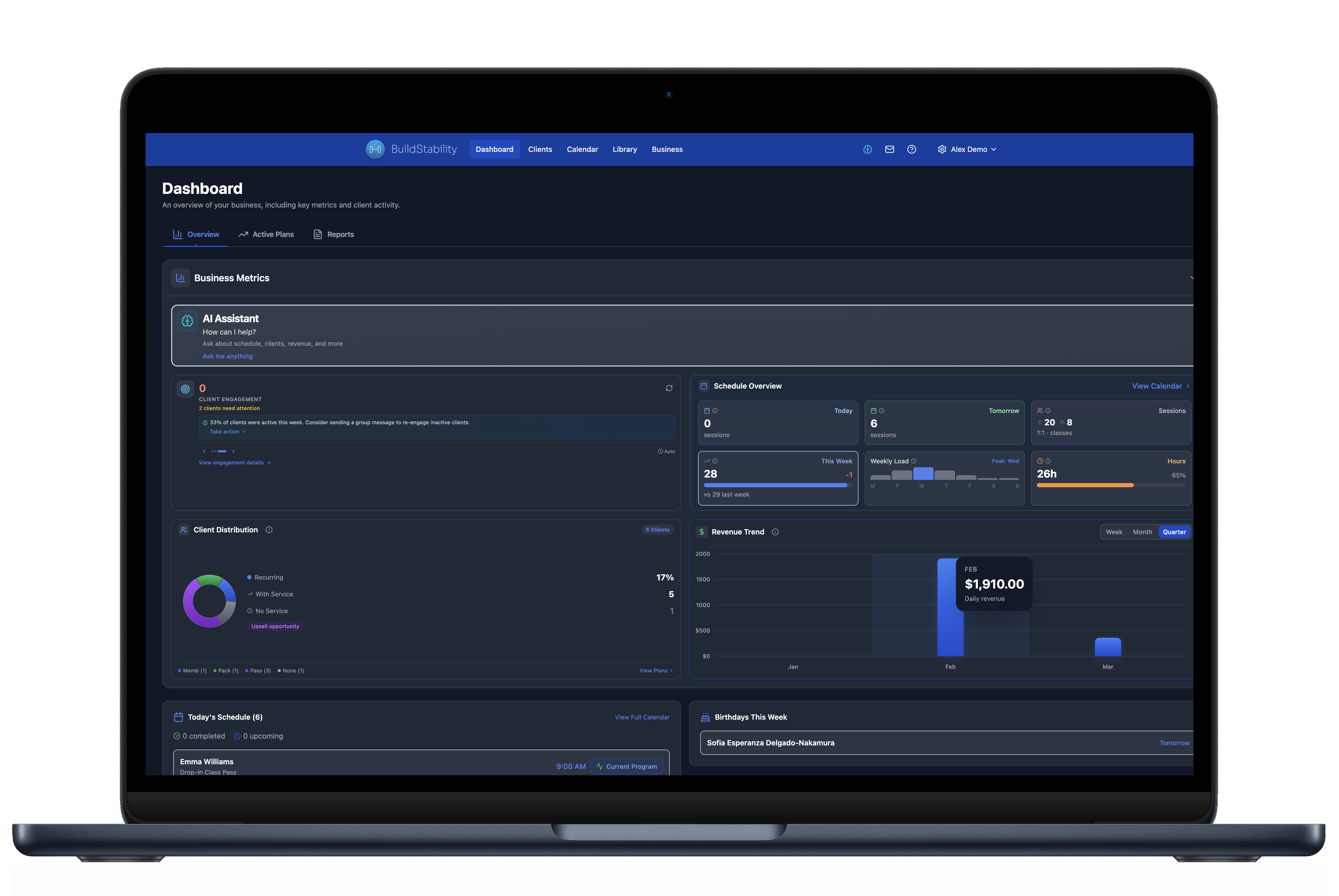 BuildStability dashboard showing client management, scheduling, and engagement scores