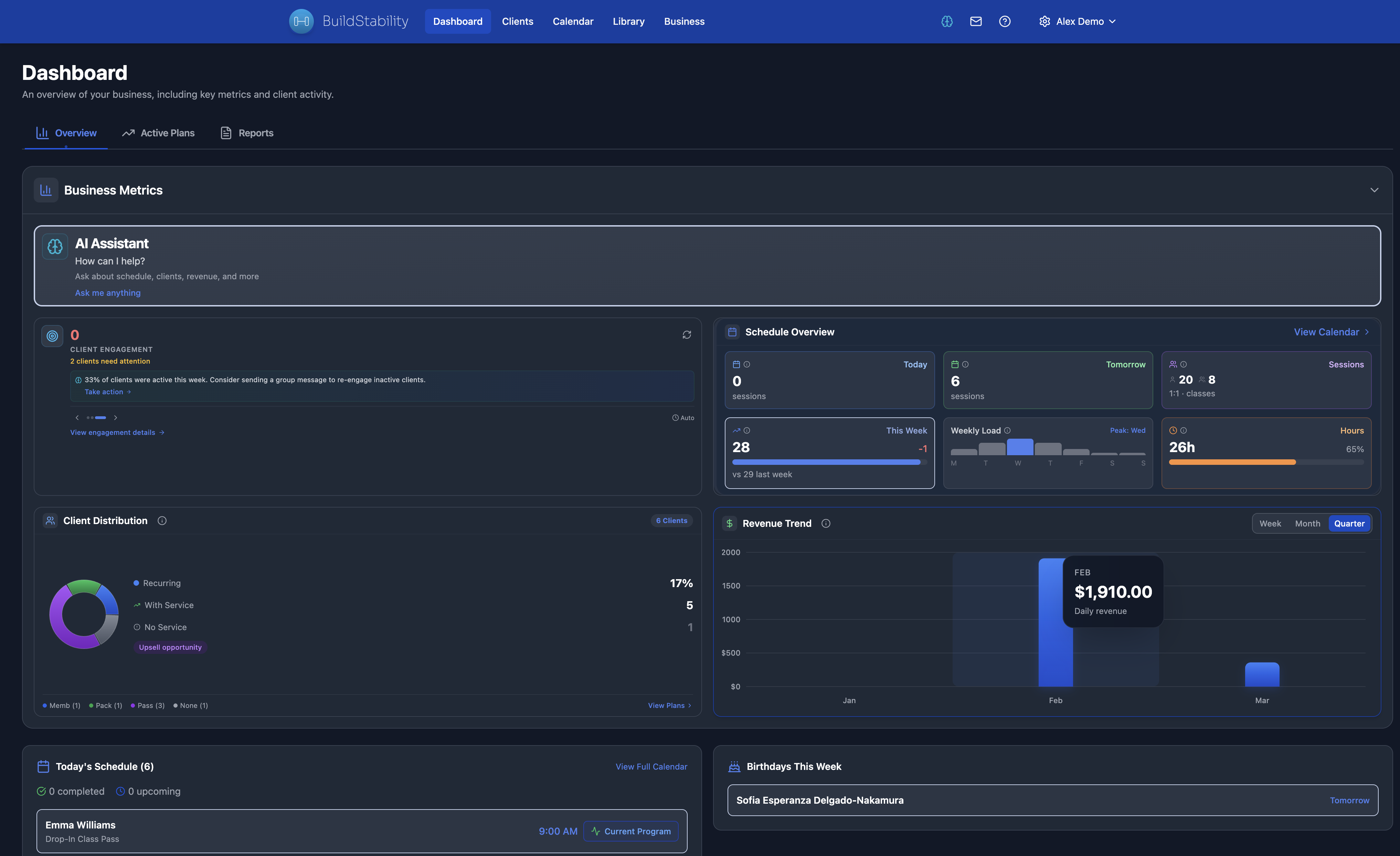 BuildStability dashboard showing scheduling, revenue, and AI assistant for personal trainers