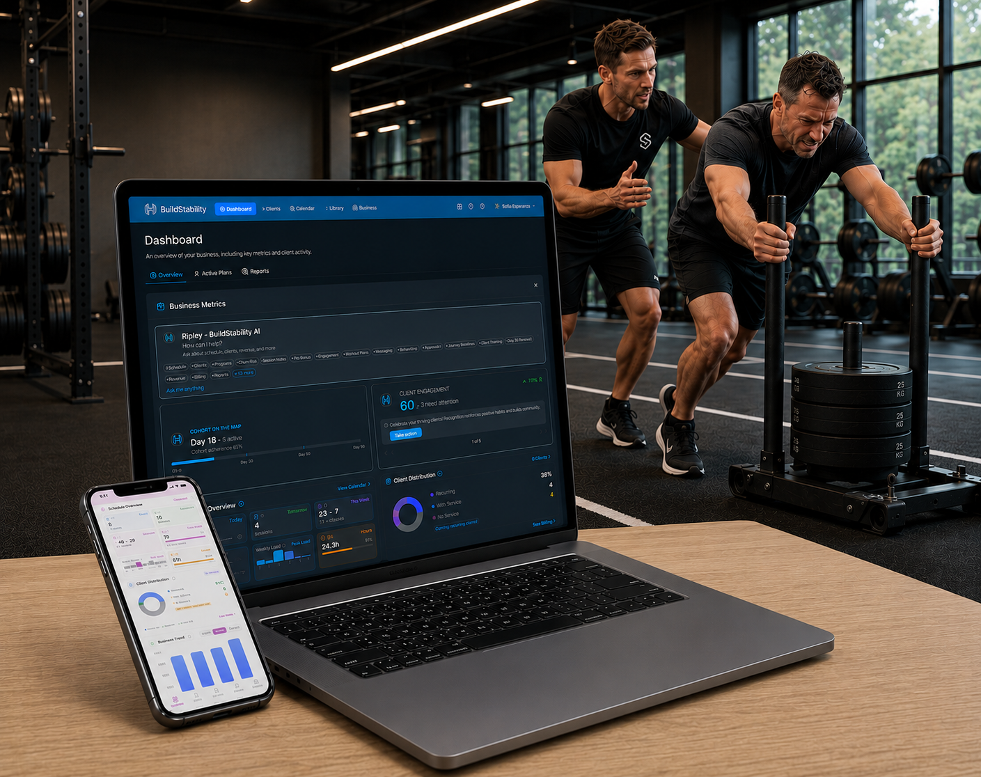 BuildStability dashboard on a MacBook with two athletes pushing a HYROX sled in the background