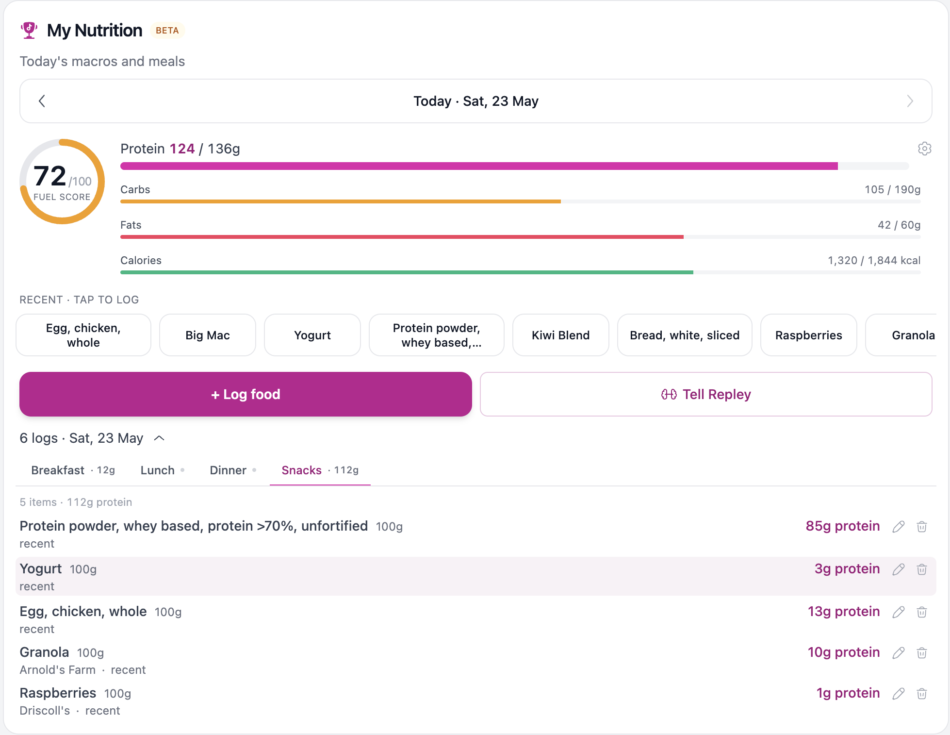 BuildStability AI nutrition dashboard showing AU food database, protein streak, fuel score, and conversational logging with Repley
