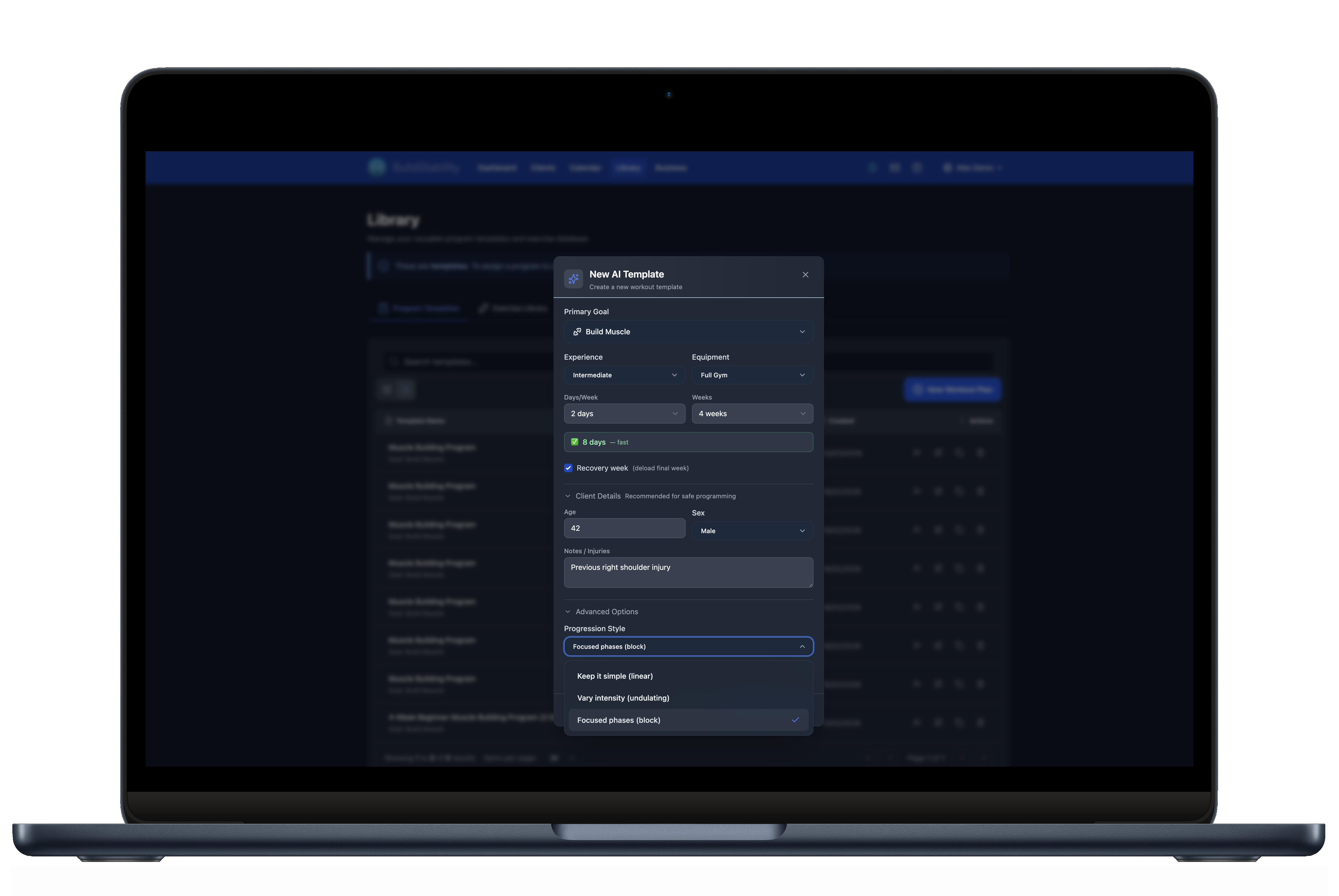 AI program builder generating a periodised workout plan