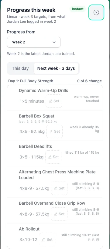 The same progression preview on a phone, with each exercise name on its own line above its numbers
