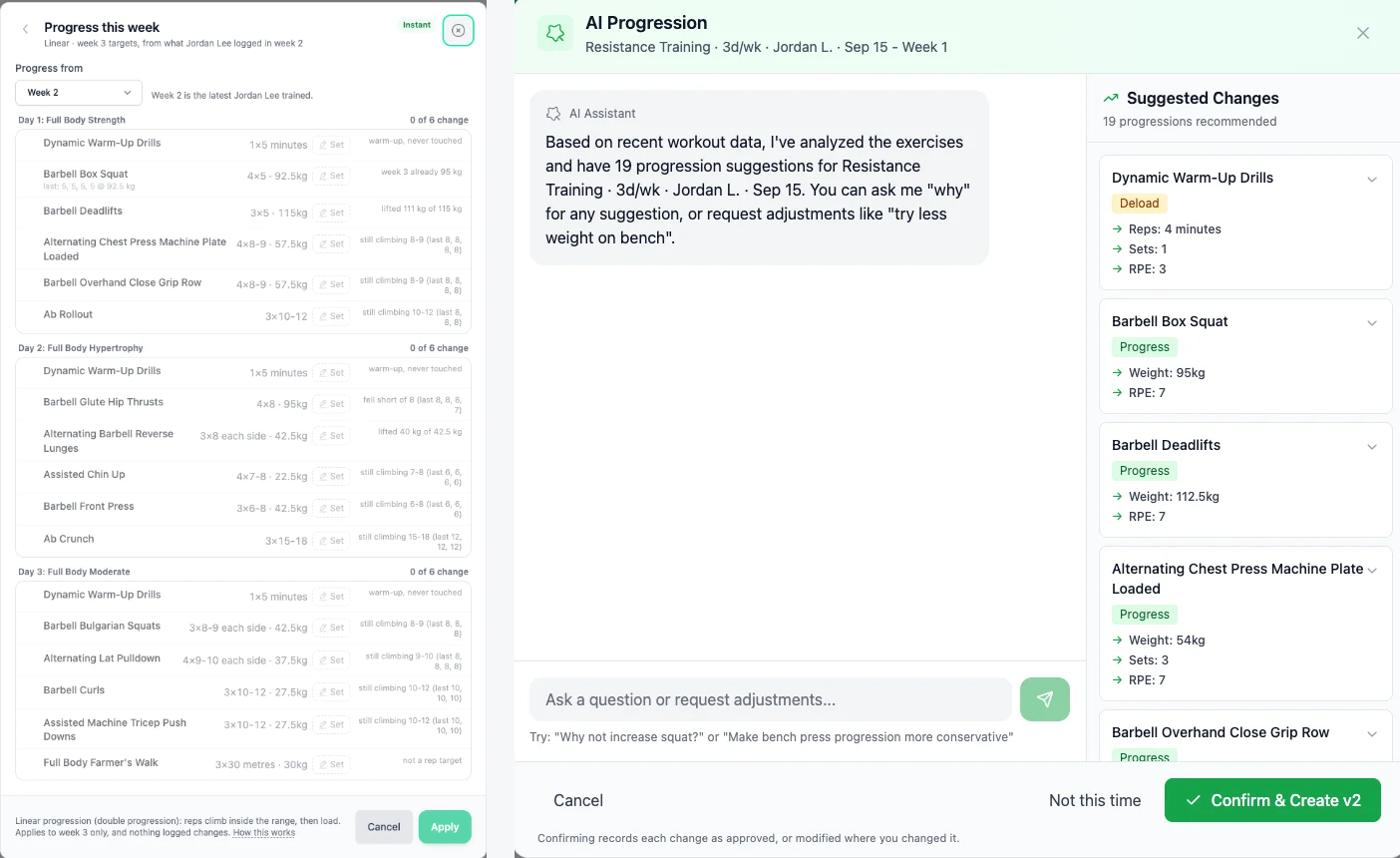 Instant progression on an iPad beside Ask REPley on a laptop: the instant preview lists next week's targets with a reason per exercise, and REPley returns nineteen suggestions with progress and deload badges