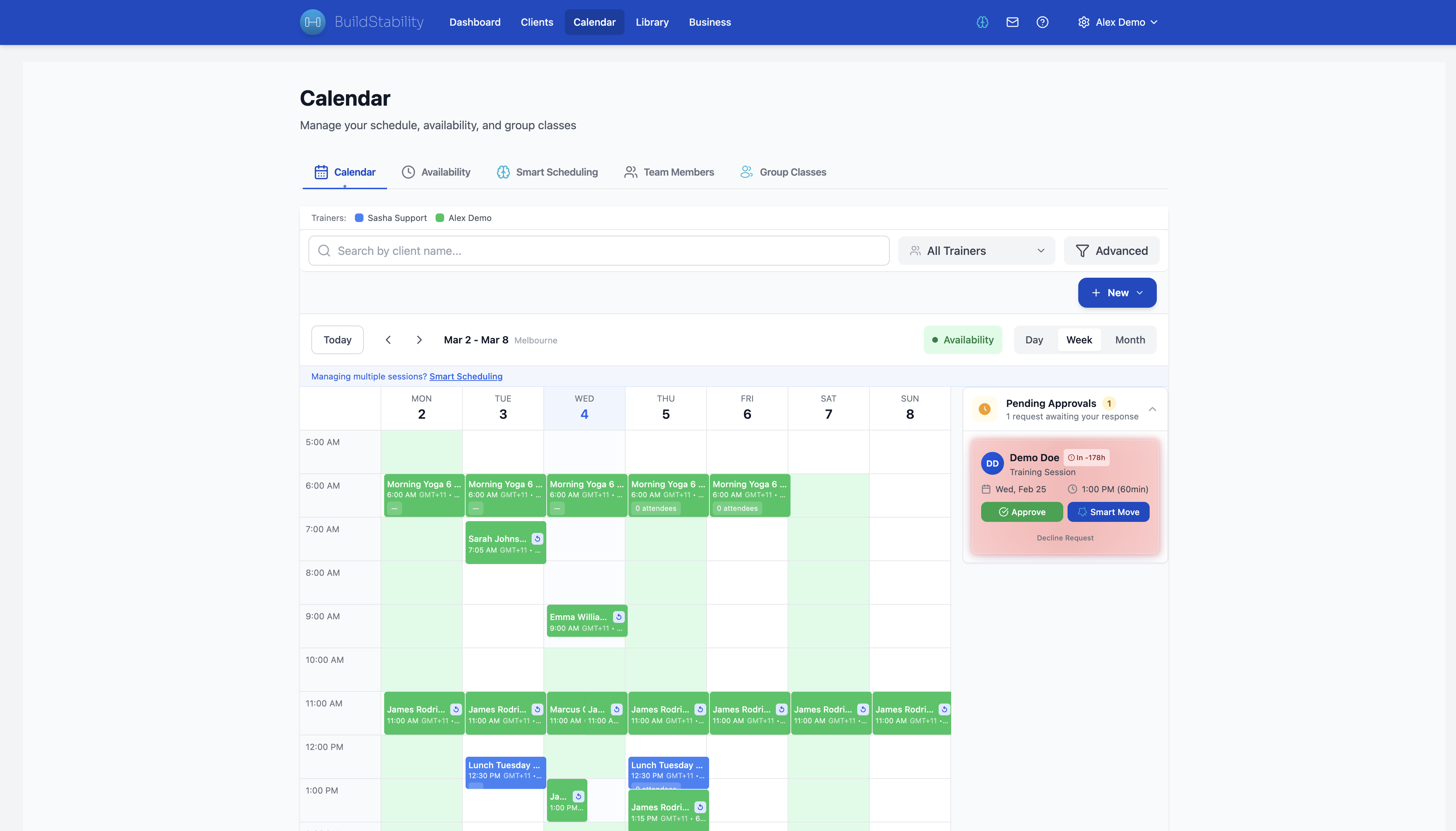 BuildStability class booking view with capacity indicator and waitlist