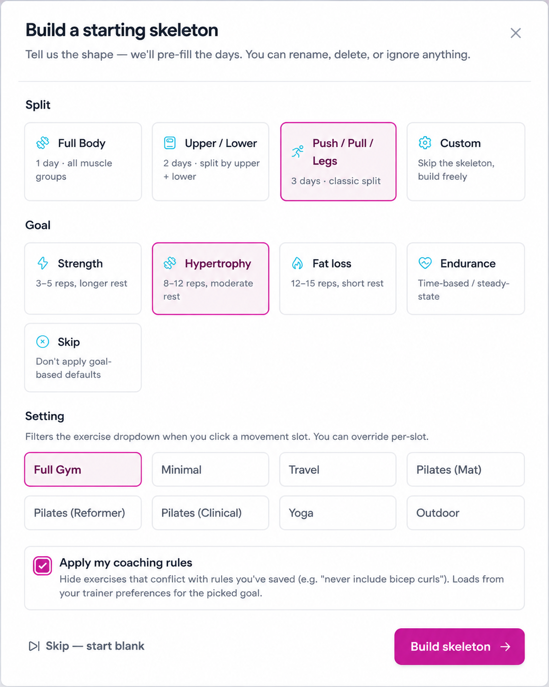 BuildStability manual plan builder showing the Build a starting skeleton wizard with movement-pattern slot rows pre-filled for a Push / Pull / Legs split