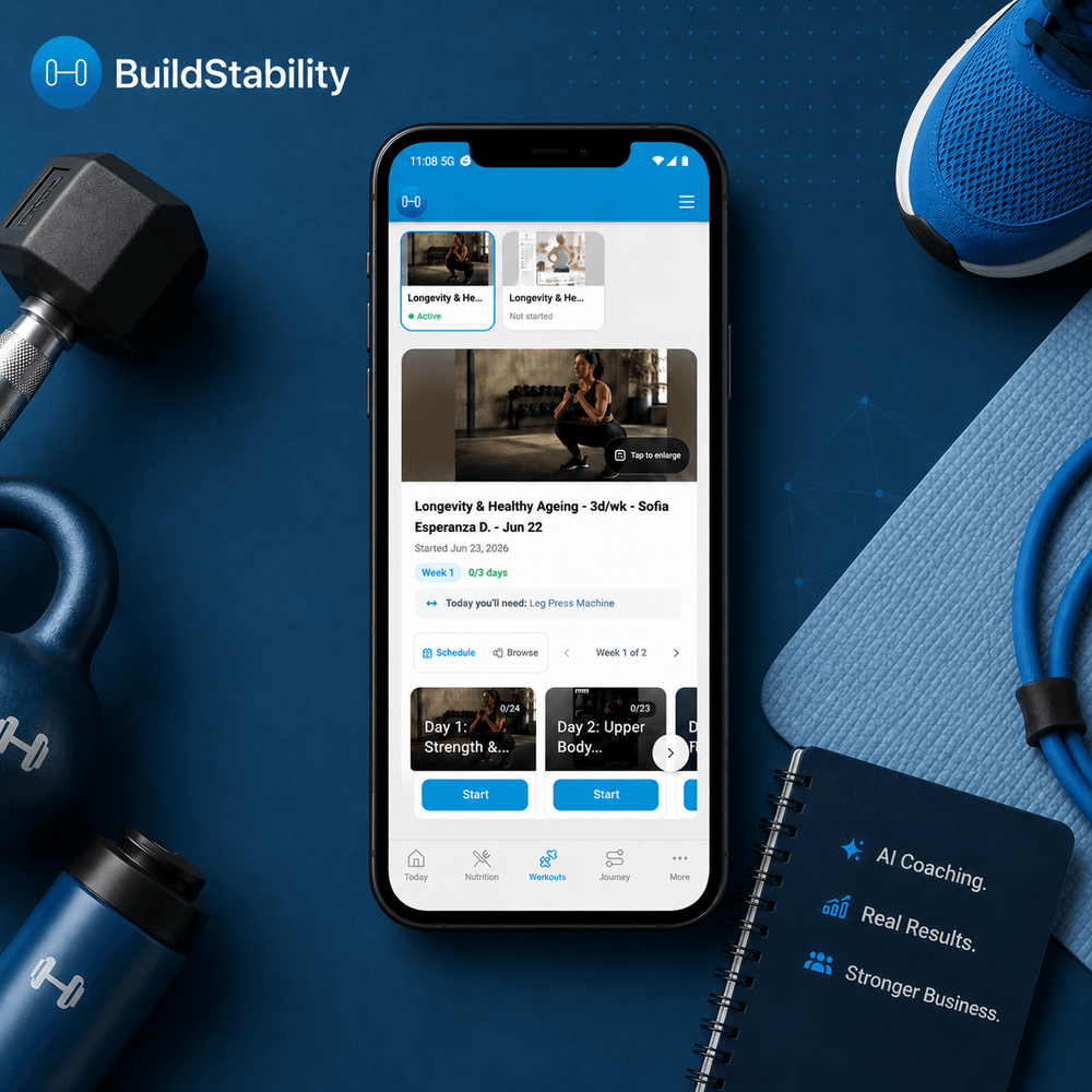 The BuildStability app on a phone, showing a client's AI-built training plan, weekly schedule, and workout day cards