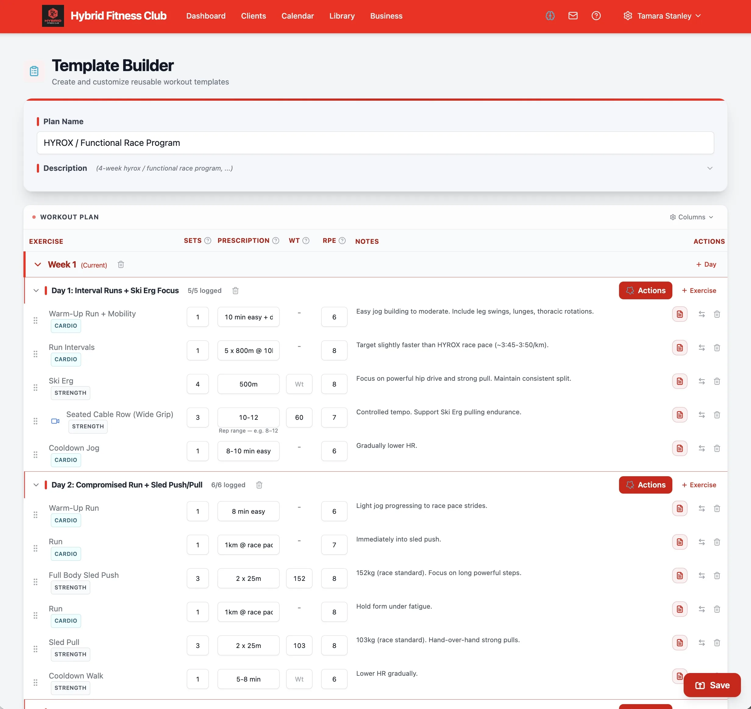 A HYROX race block in the BuildStability template builder: interval runs with SkiErg, then a compromised run into sled push at 152 kg and sled pull at 103 kg