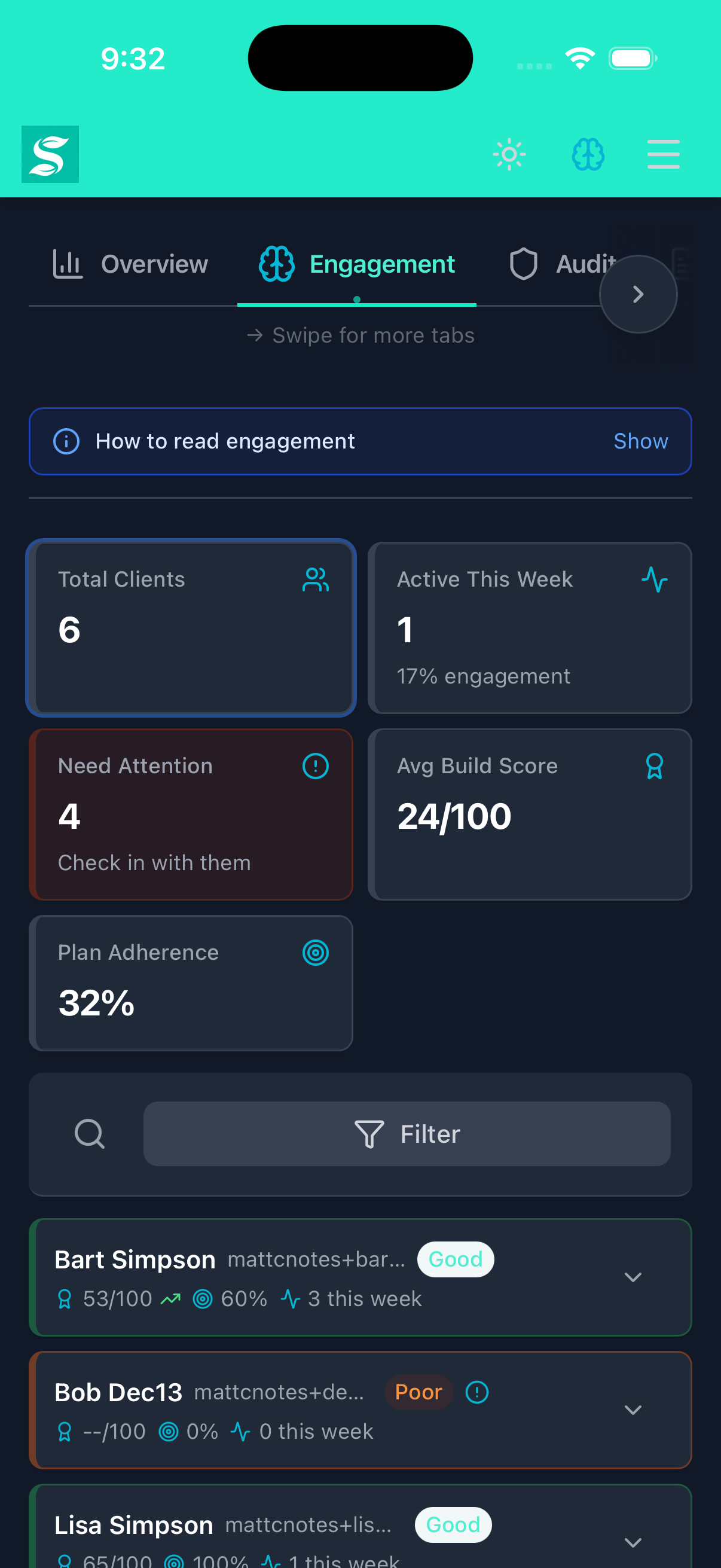 Engagement score dashboard showing at-risk clients on iOS