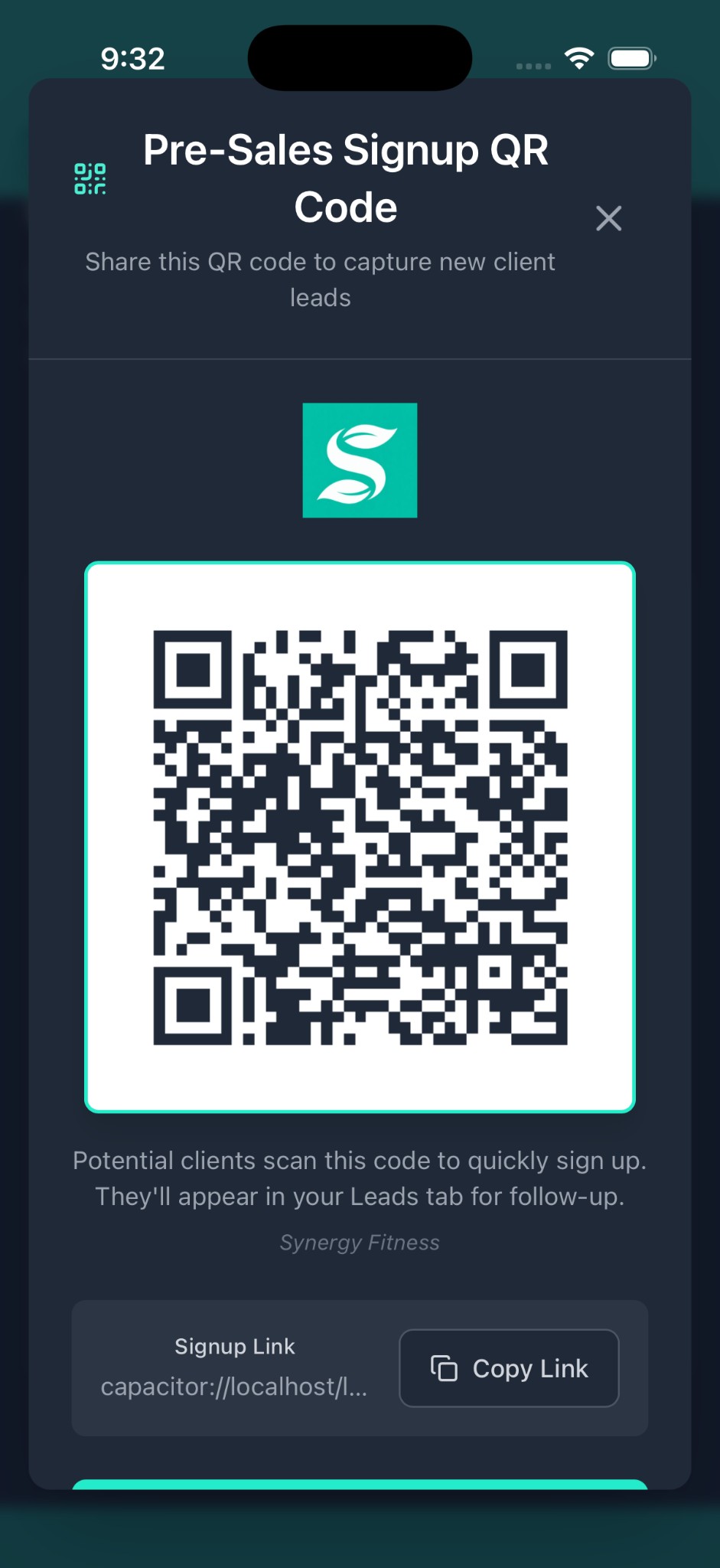QR code on phone for self-service class check-in at the studio door