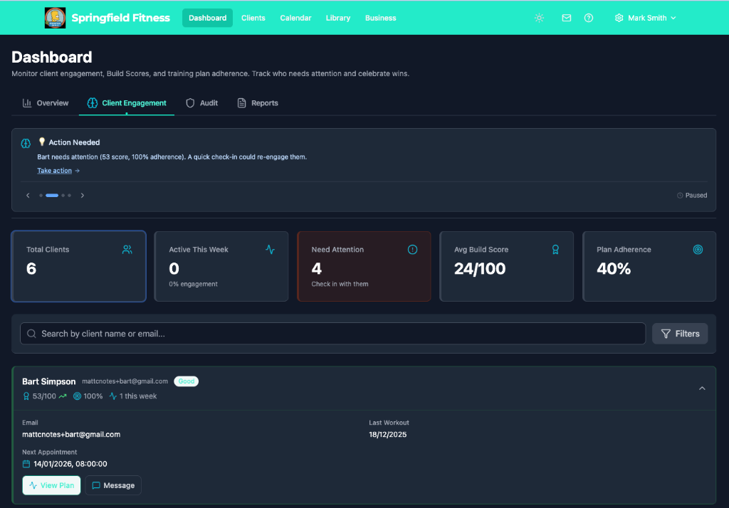 BuildStability engagement dashboard showing client Build Scores, attention alerts, and plan adherence