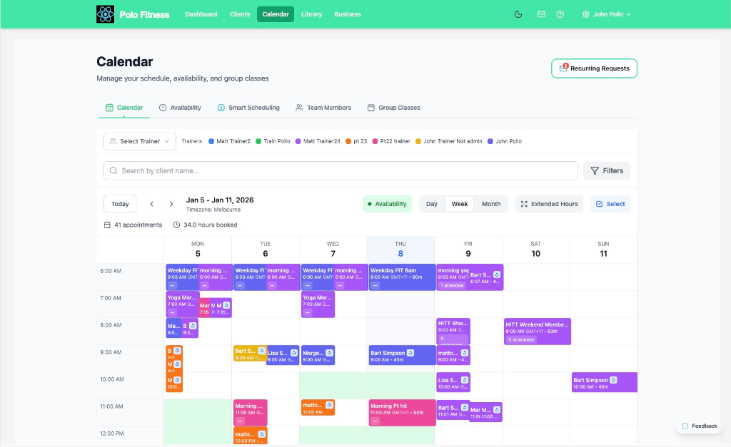 Light-mode calendar view showing trainer schedule with multiple class blocks across the week